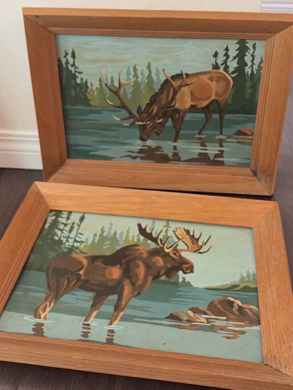 Hand-Painted Moose Wall Art - Brown and Green Framed Set
